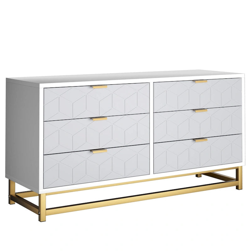 Commode à 6 tiroirs avec pieds en métal et façades à motifs, 120 cm (L) x 40 cm (l) x 64 cm (H), style moderne