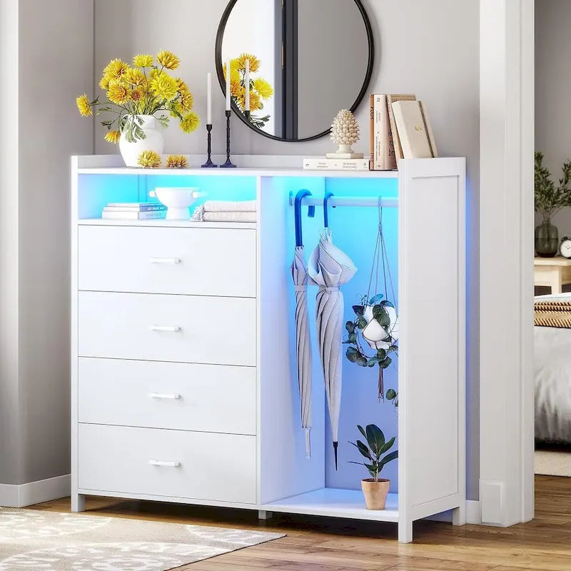 Commode 4 tiroirs avec tringle à vêtements et lumières LED RVB, anti-basculement, blanc/noir, pour chambre/dressing