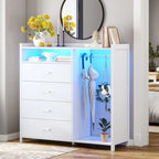 Commode 4 tiroirs avec tringle à vêtements et lumières LED RVB, anti-basculement, blanc/noir, pour chambre/dressing