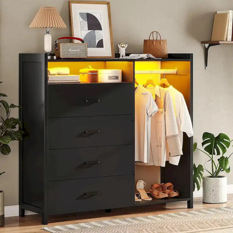 Commode 4 tiroirs avec tringle à vêtements et lumières LED RVB, anti-basculement, blanc/noir, pour chambre/dressing