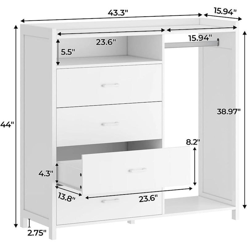 Commode 4 tiroirs avec tringle à vêtements et lumières LED RVB, anti-basculement, blanc/noir, pour chambre/dressing