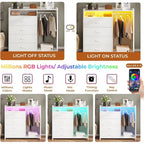 Commode 4 tiroirs avec tringle à vêtements et lumières LED RVB, anti-basculement, blanc/noir, pour chambre/dressing