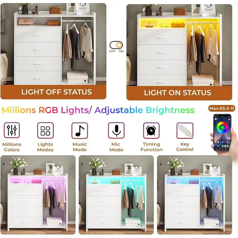Commode 4 tiroirs avec tringle à vêtements et lumières LED RVB, anti-basculement, blanc/noir, pour chambre/dressing