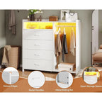 Commode 4 tiroirs avec tringle à vêtements et lumières LED RVB, anti-basculement, blanc/noir, pour chambre/dressing