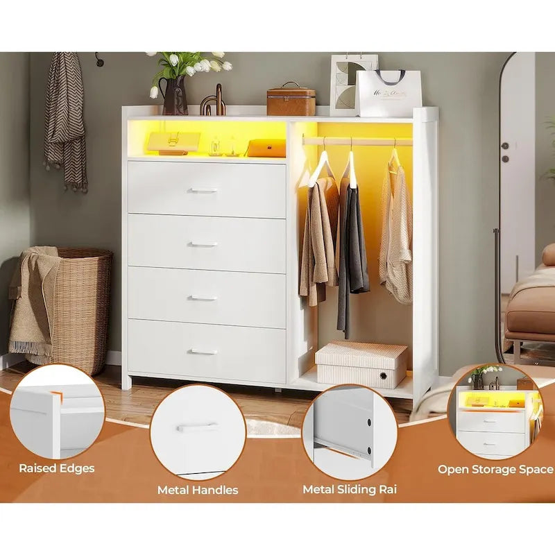 Commode 4 tiroirs avec tringle à vêtements et lumières LED RVB, anti-basculement, blanc/noir, pour chambre/dressing