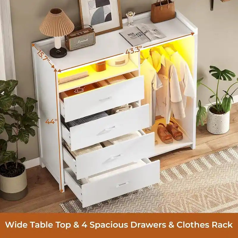 Commode 4 tiroirs avec tringle à vêtements et lumières LED RVB, anti-basculement, blanc/noir, pour chambre/dressing