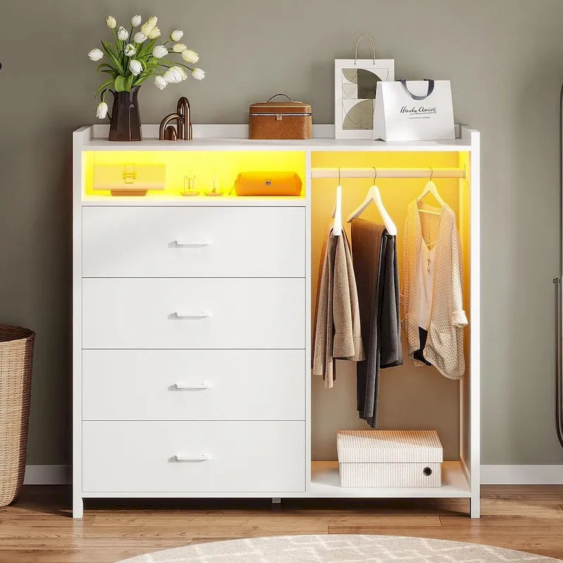 Commode 4 tiroirs avec tringle à vêtements et lumières LED RVB, anti-basculement, blanc/noir, pour chambre/dressing