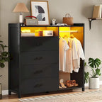 Commode 4 tiroirs avec tringle à vêtements et lumières LED RVB, anti-basculement, blanc/noir, pour chambre/dressing