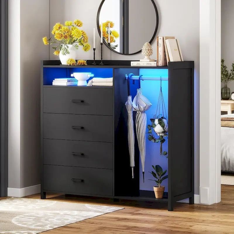 Commode 4 tiroirs avec tringle à vêtements et lumières LED RVB, anti-basculement, blanc/noir, pour chambre/dressing