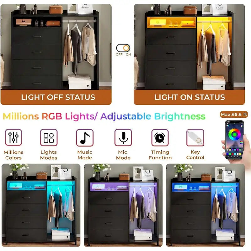 Commode 4 tiroirs avec tringle à vêtements et lumières LED RVB, anti-basculement, blanc/noir, pour chambre/dressing