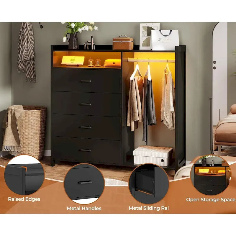Commode 4 tiroirs avec tringle à vêtements et lumières LED RVB, anti-basculement, blanc/noir, pour chambre/dressing