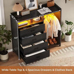 Commode 4 tiroirs avec tringle à vêtements et lumières LED RVB, anti-basculement, blanc/noir, pour chambre/dressing