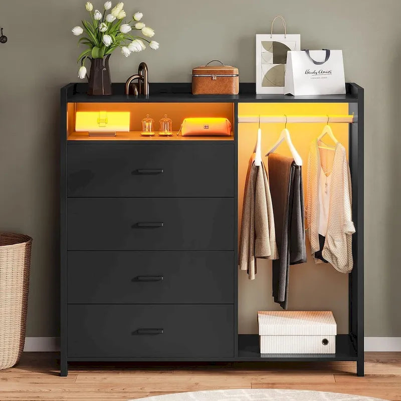 Commode 4 tiroirs avec tringle à vêtements et lumières LED RVB, anti-basculement, blanc/noir, pour chambre/dressing