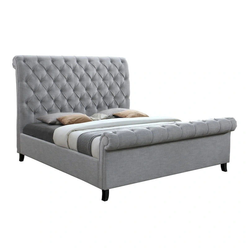 Lit double capitonné Magnolia avec tête de lit roulée, gris