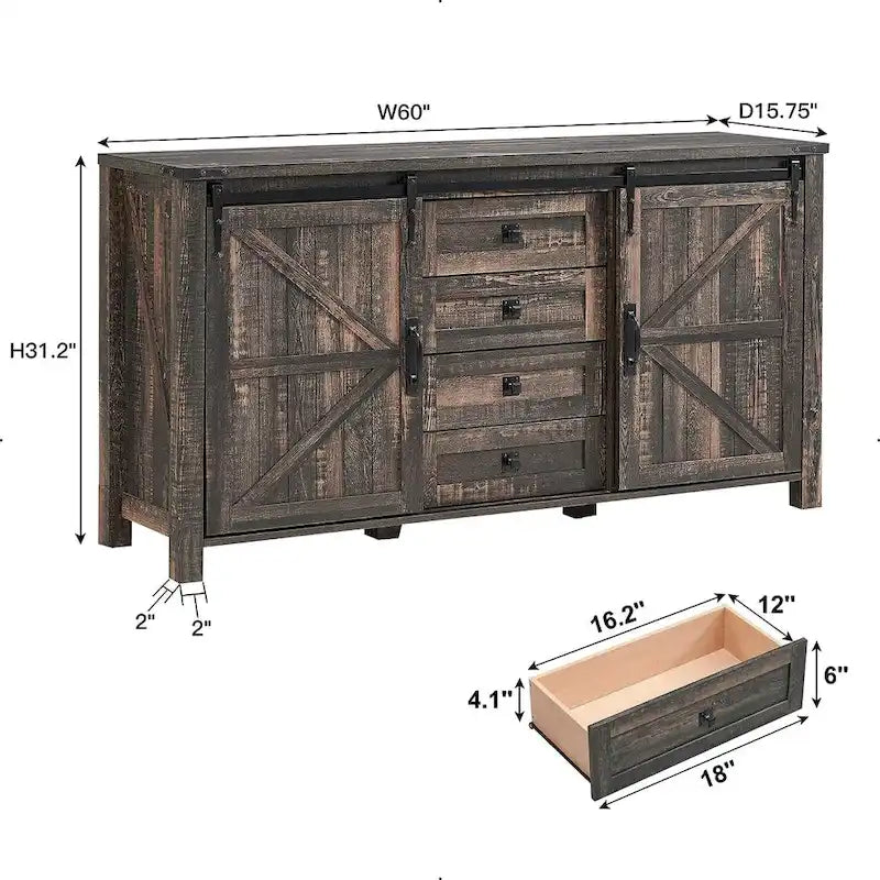Commode de ferme avec 4 tiroirs et 2 placards coulissants, chêne rustique foncé/blanc antique/bois de grange