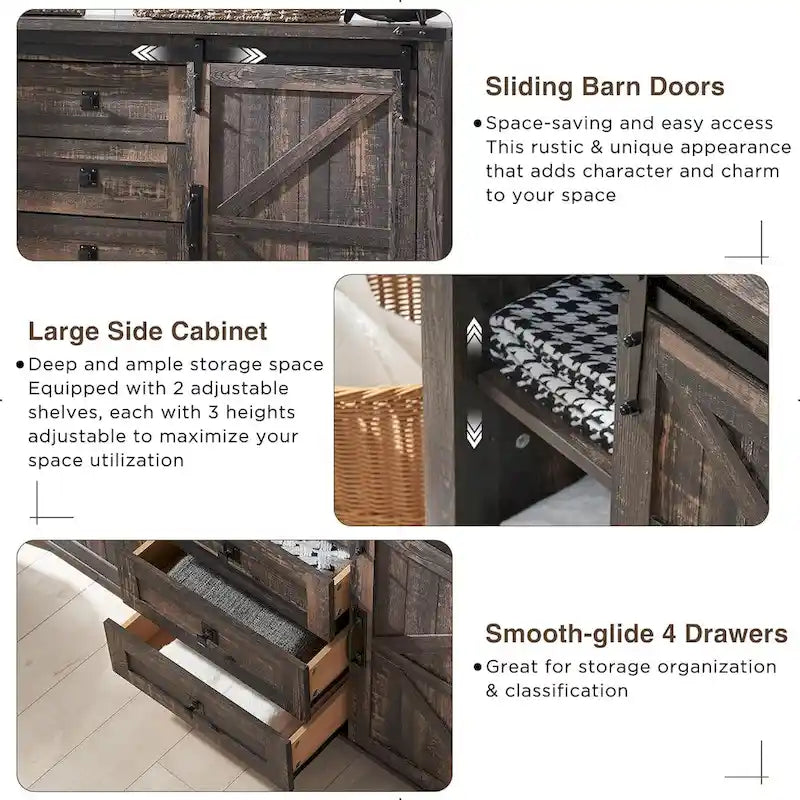 Commode de ferme avec 4 tiroirs et 2 placards coulissants, chêne rustique foncé/blanc antique/bois de grange