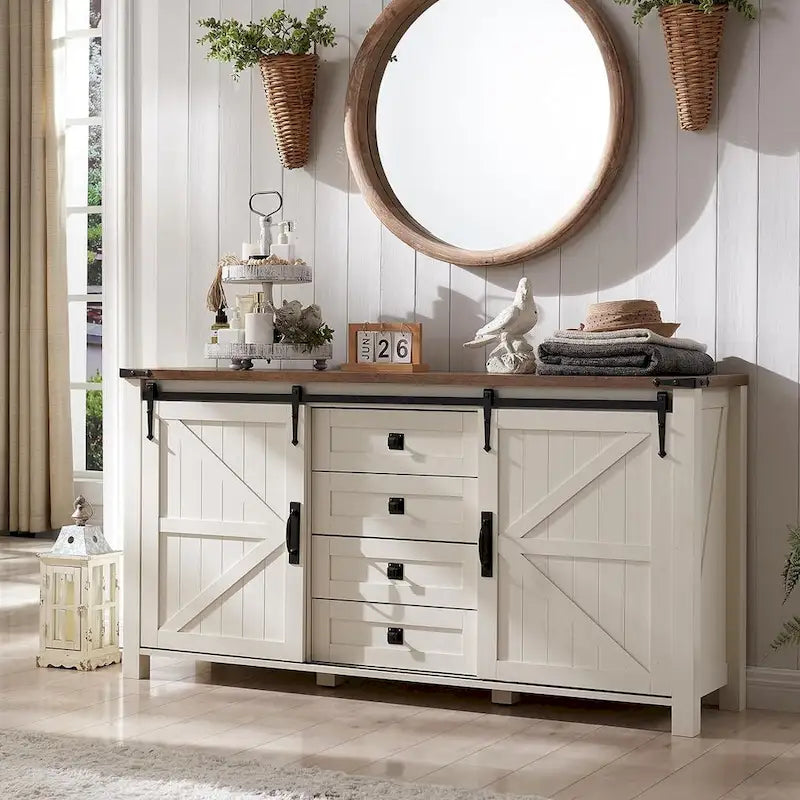 Commode de ferme avec 4 tiroirs et 2 placards coulissants, chêne rustique foncé/blanc antique/bois de grange