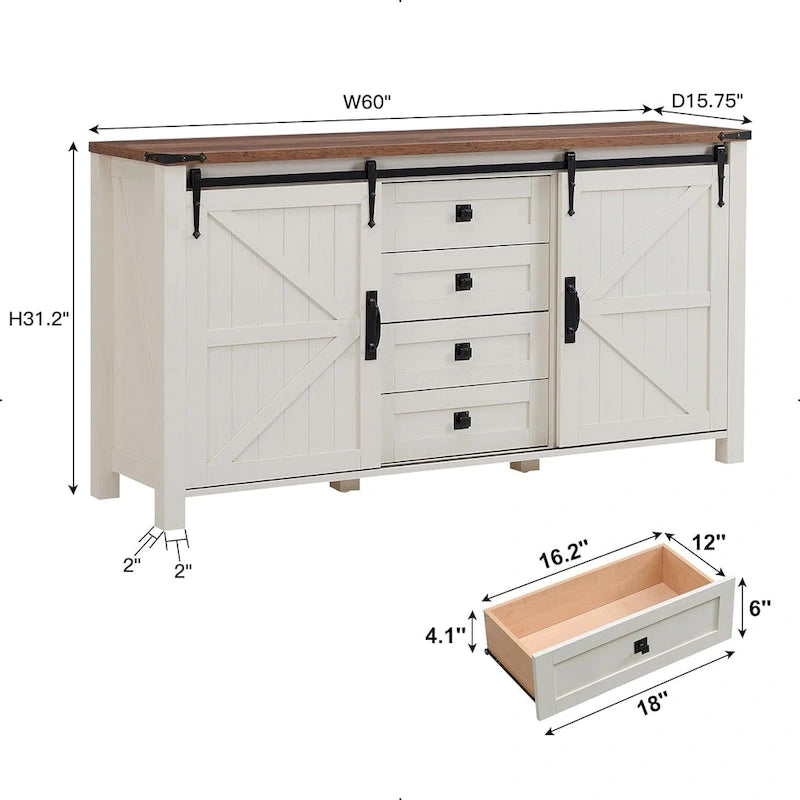 Commode de ferme avec 4 tiroirs et 2 placards coulissants, chêne rustique foncé/blanc antique/bois de grange