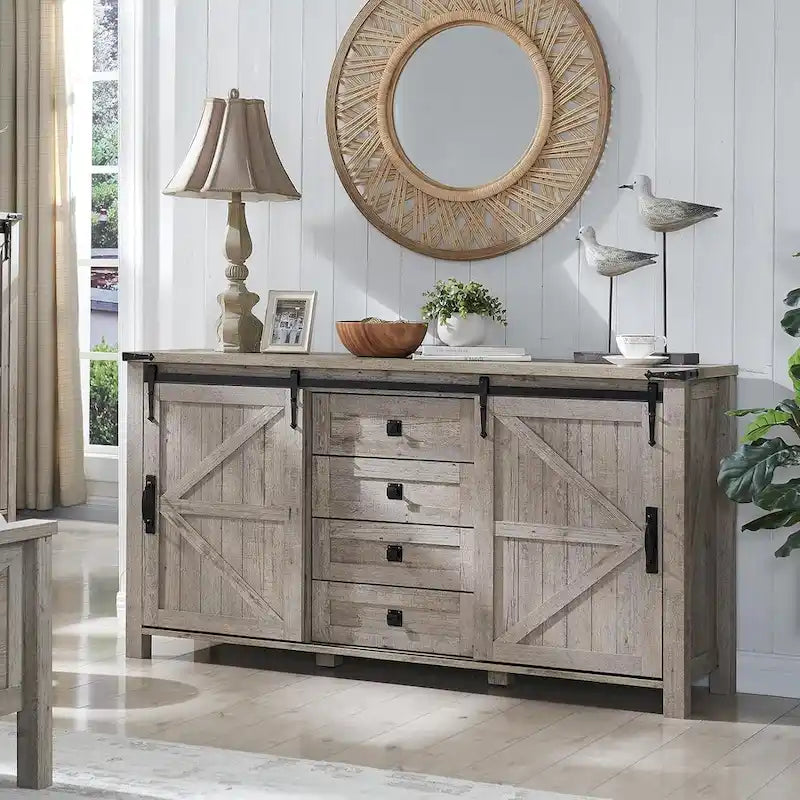 Commode de ferme avec 4 tiroirs et 2 placards coulissants, chêne rustique foncé/blanc antique/bois de grange