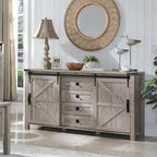 Commode de ferme avec 4 tiroirs et 2 placards coulissants, chêne rustique foncé/blanc antique/bois de grange
