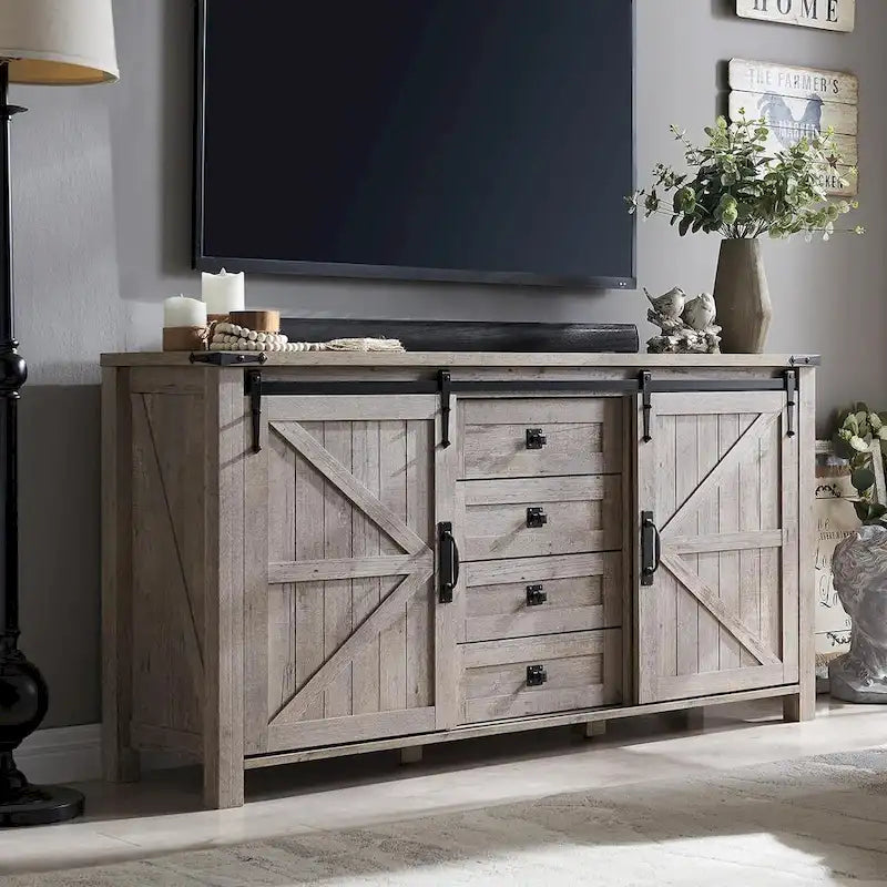 Commode de ferme avec 4 tiroirs et 2 placards coulissants, chêne rustique foncé/blanc antique/bois de grange
