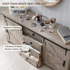 Commode de ferme avec 4 tiroirs et 2 placards coulissants, chêne rustique foncé/blanc antique/bois de grange