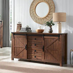 Commode de ferme avec 4 tiroirs et 2 placards coulissants, chêne rustique foncé/blanc antique/bois de grange