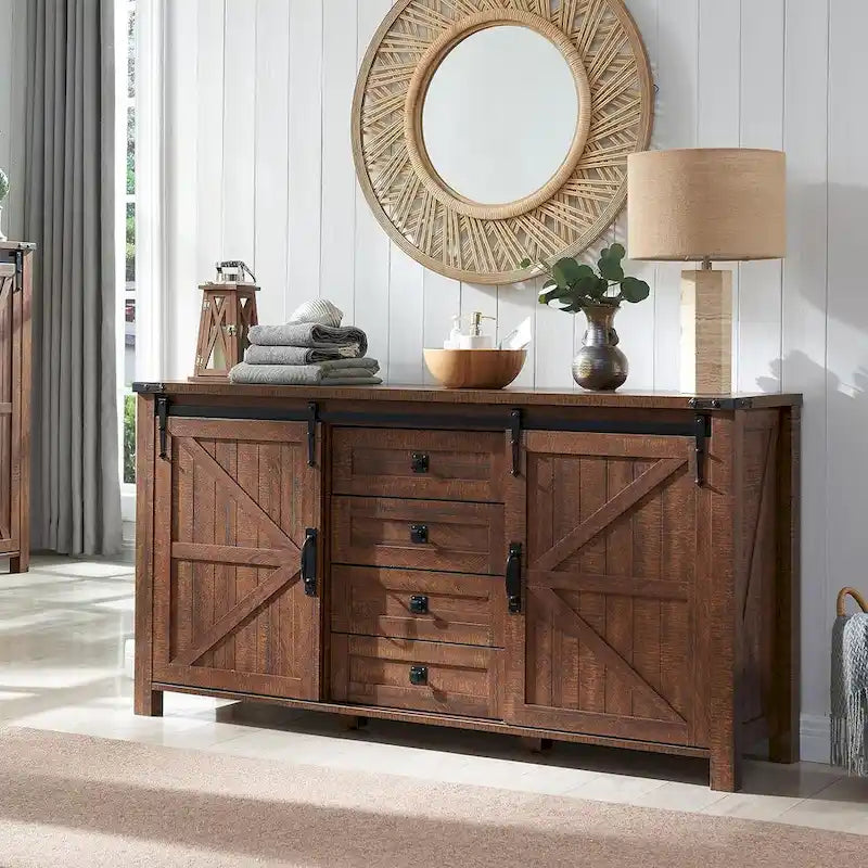 Commode de ferme avec 4 tiroirs et 2 placards coulissants, chêne rustique foncé/blanc antique/bois de grange