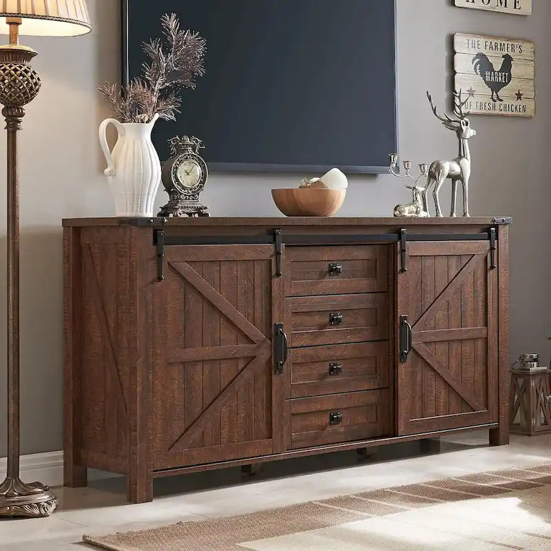 Commode de ferme avec 4 tiroirs et 2 placards coulissants, chêne rustique foncé/blanc antique/bois de grange