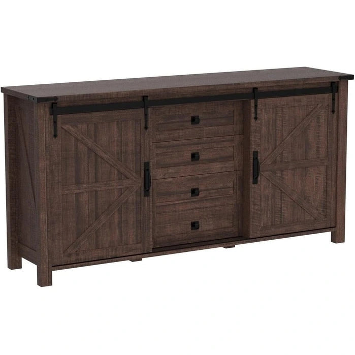 Commode de ferme avec 4 tiroirs et 2 placards coulissants, chêne rustique foncé/blanc antique/bois de grange