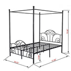 Cadre de lit à baldaquin quatre poteaux, style vintage, lattes métalliques, pas de sommier tapissier, 272 kg, 2 places, blanc/noir, double/grand