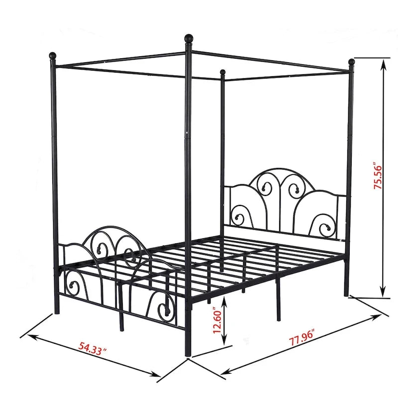 Cadre de lit à baldaquin quatre poteaux, style vintage, lattes métalliques, pas de sommier tapissier, 272 kg, 2 places, blanc/noir, double/grand