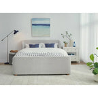 Lit plateforme rembourré, profil bas, tissu bouclé, lattes en bois courbé, sans sommier à ressorts, 2 places, gris