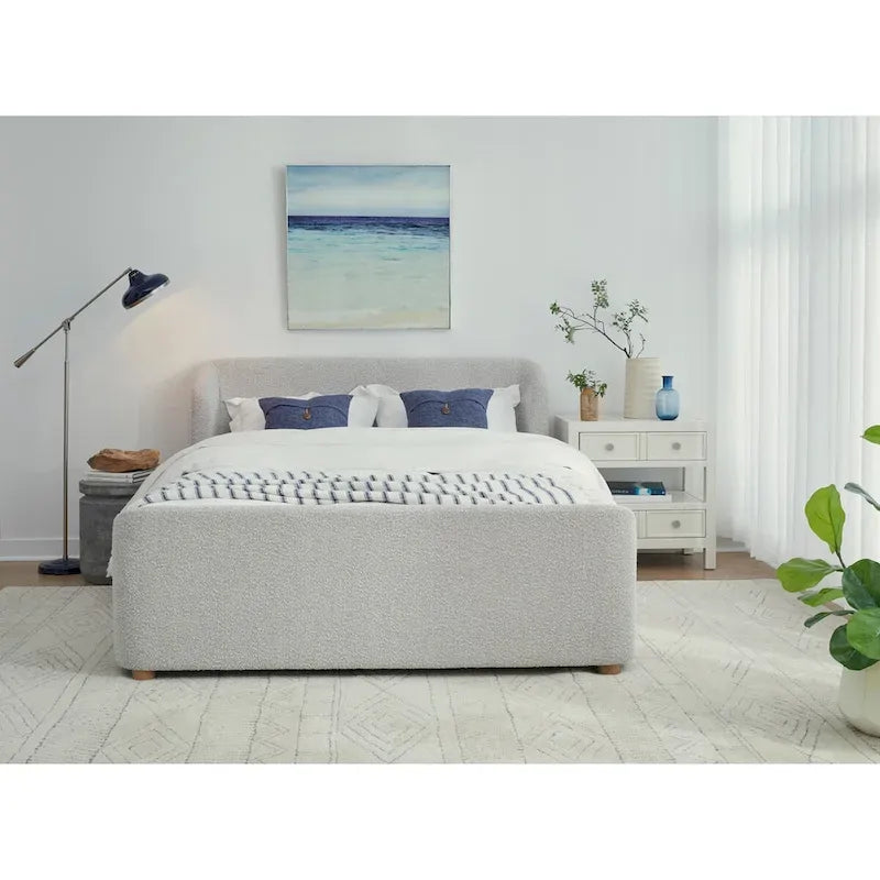 Lit plateforme rembourré, profil bas, tissu bouclé, lattes en bois courbé, sans sommier à ressorts, 2 places, gris