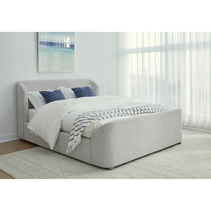 Lit plateforme rembourré, profil bas, tissu bouclé, lattes en bois courbé, sans sommier à ressorts, 2 places, gris