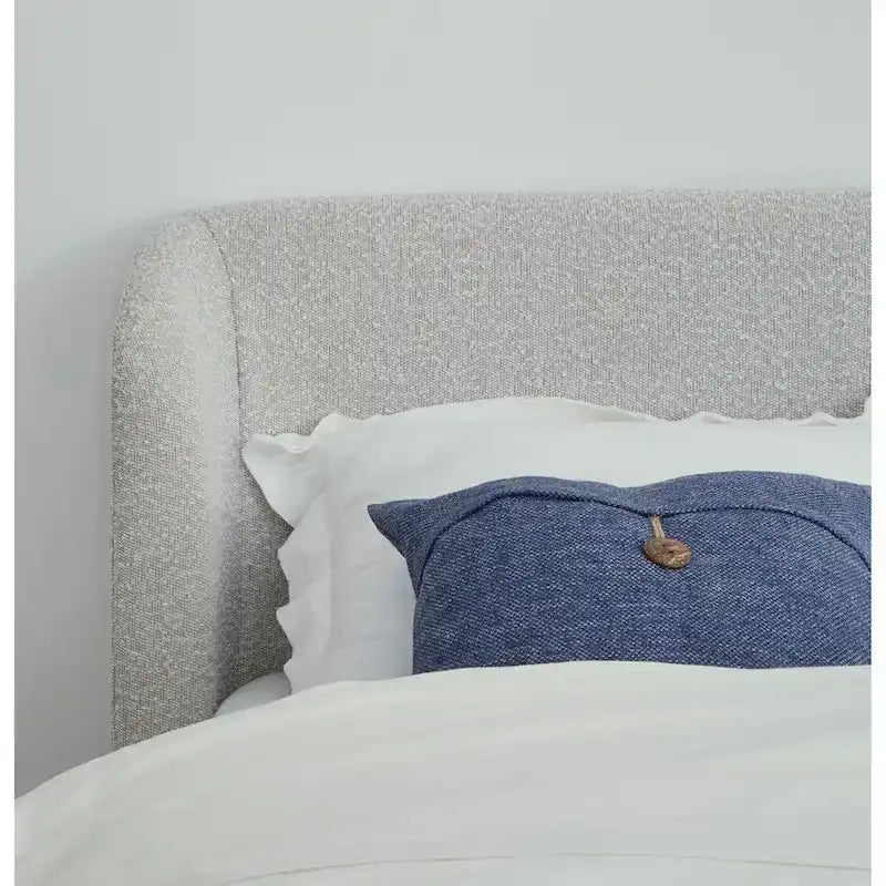 Lit plateforme rembourré, profil bas, tissu bouclé, lattes en bois courbé, sans sommier à ressorts, 2 places, gris