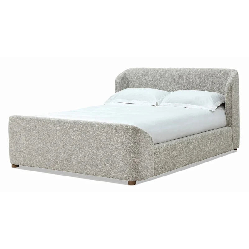 Lit plateforme rembourré, profil bas, tissu bouclé, lattes en bois courbé, sans sommier à ressorts, 2 places, gris