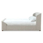 Lit plateforme rembourré, profil bas, tissu bouclé, lattes en bois courbé, sans sommier à ressorts, 2 places, gris