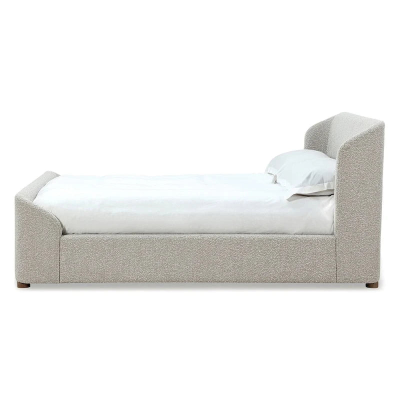 Lit plateforme rembourré, profil bas, tissu bouclé, lattes en bois courbé, sans sommier à ressorts, 2 places, gris