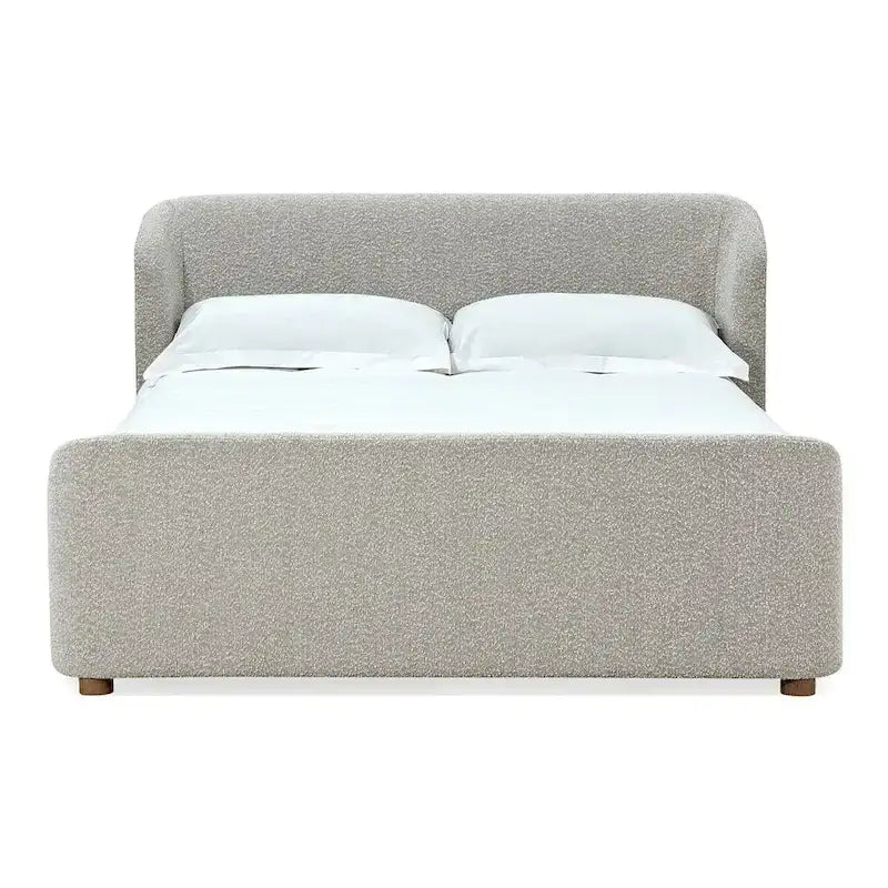 Lit plateforme rembourré, profil bas, tissu bouclé, lattes en bois courbé, sans sommier à ressorts, 2 places, gris