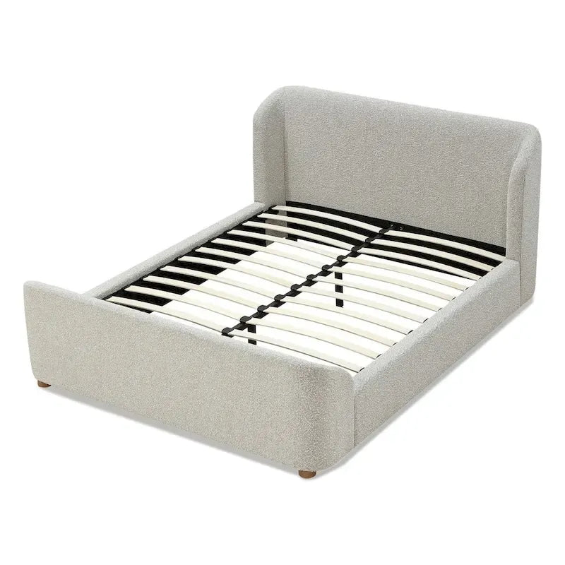 Lit plateforme rembourré, profil bas, tissu bouclé, lattes en bois courbé, sans sommier à ressorts, 2 places, gris