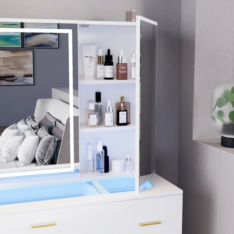 Glass Top Vanity Set with Lighted Mirror,Extra Large Mirror Makeup Vanity Table with 7 Drawers&Cushioned Stool