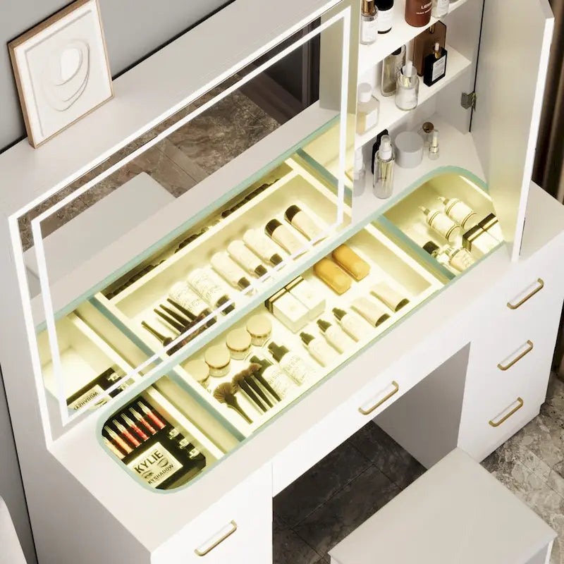 Coiffeuse blanche avec miroir LED, 7 tiroirs et tabouret rembourré, 101,6 cm (L) x 139,2 cm (H), 1 personne