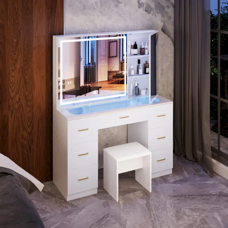 Coiffeuse blanche avec miroir LED, 7 tiroirs et tabouret rembourré, 101,6 cm (L) x 139,2 cm (H), 1 personne