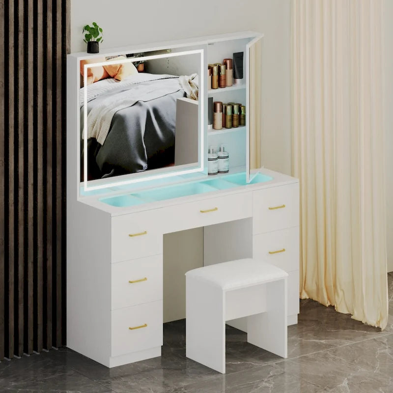 Coiffeuse blanche avec miroir LED, 7 tiroirs et tabouret rembourré, 101,6 cm (L) x 139,2 cm (H), 1 personne