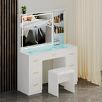 Coiffeuse blanche avec miroir LED, 7 tiroirs et tabouret rembourré, 101,6 cm (L) x 139,2 cm (H), 1 personne