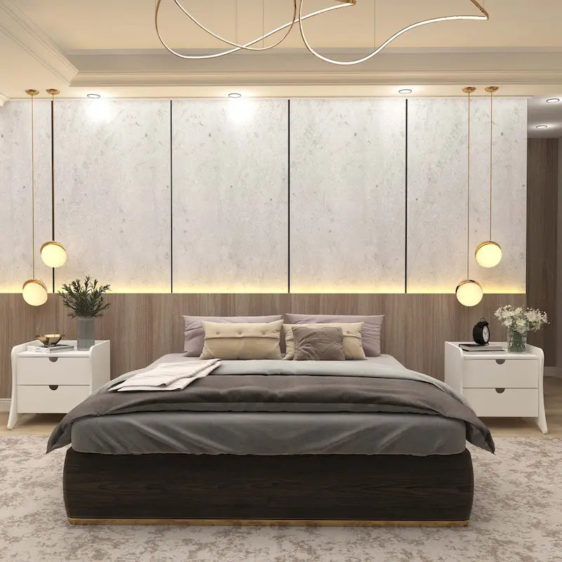 Table de chevet à 2 tiroirs de style moderne du milieu du siècle, MDF, pieds incurvés, 49,99 cm (L) x 46,48 cm (P) x 49,99 cm (H), gris/blanc, unité simple/ensemble de 2