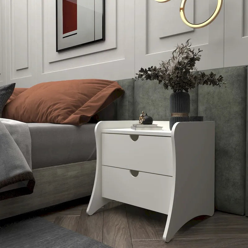 Table de chevet à 2 tiroirs de style moderne du milieu du siècle, MDF, pieds incurvés, 49,99 cm (L) x 46,48 cm (P) x 49,99 cm (H), gris/blanc, unité simple/ensemble de 2