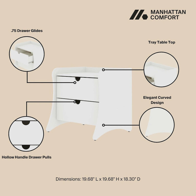 Table de chevet à 2 tiroirs de style moderne du milieu du siècle, MDF, pieds incurvés, 49,99 cm (L) x 46,48 cm (P) x 49,99 cm (H), gris/blanc, unité simple/ensemble de 2