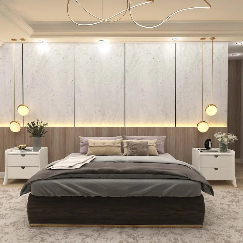 Table de chevet à 2 tiroirs de style moderne du milieu du siècle, MDF, pieds incurvés, 49,99 cm (L) x 46,48 cm (P) x 49,99 cm (H), gris/blanc, unité simple/ensemble de 2